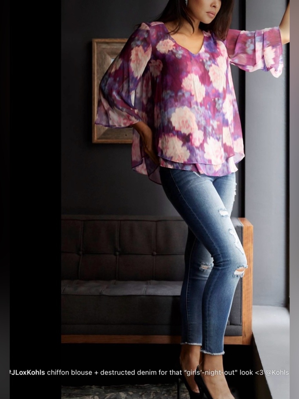 Jennifer Lopez Purple & Pink Floral Sheer V-Neck Blouse
